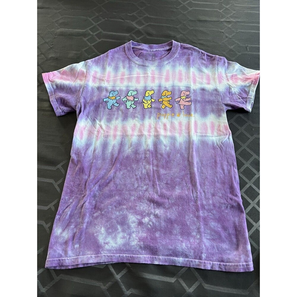Puppie Love Dancing Dogs Tie Dye Cotton Tee Women’s Small Purple Short Sleeve